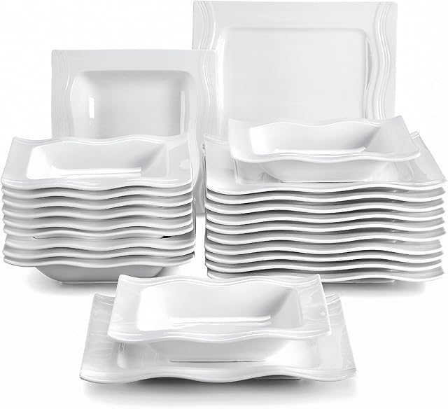 MALACASA, seria Mario, kremowo-biała porcelana zastawa stołowa 24-częściowy zestaw naczyń serwis obiadowy z 12 talerzami obiadowymi, 12 talerzy do zupy dla 12 osób