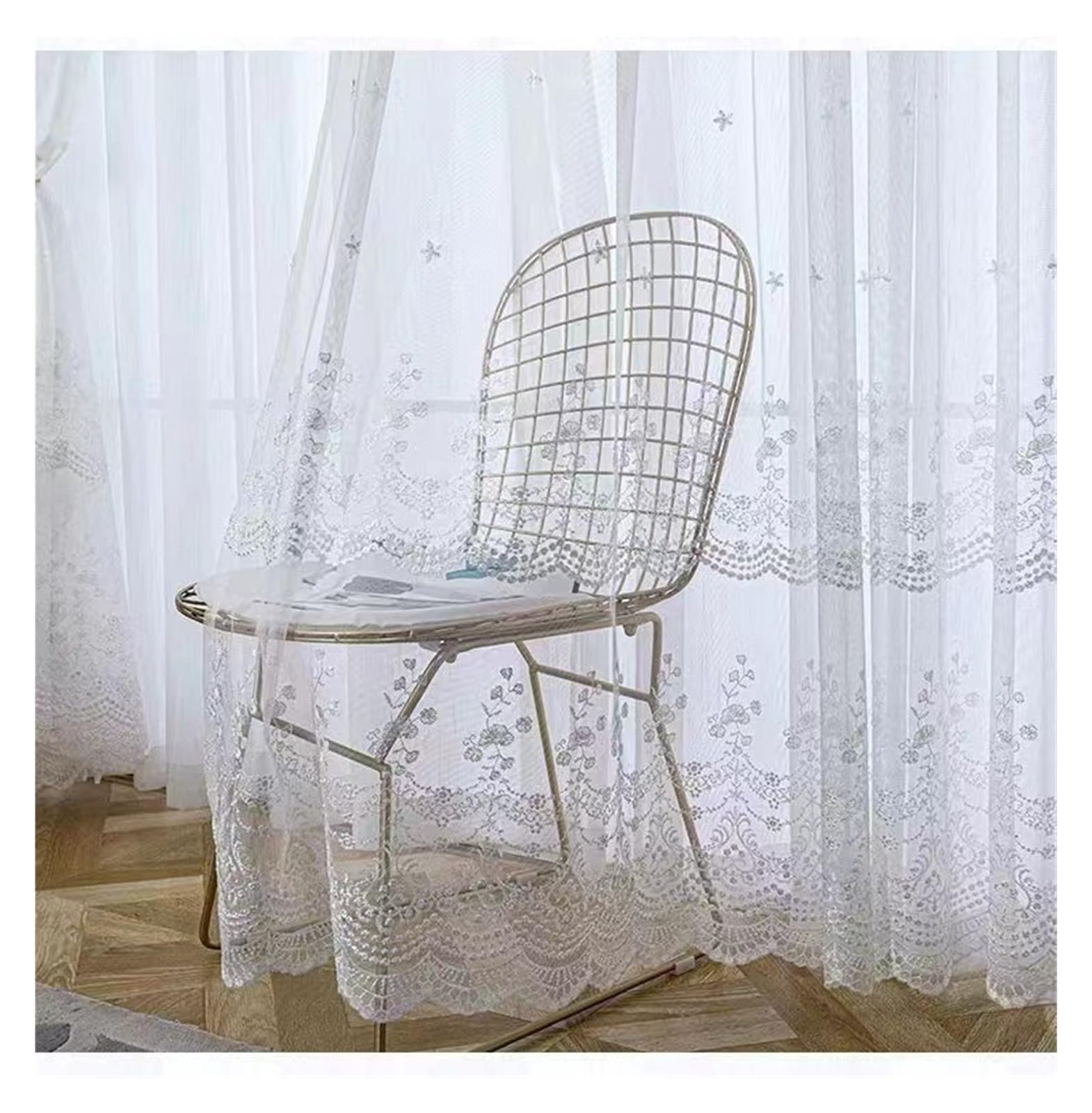GIJMZY White Embroidered Lace Floral Sheer Curtain For Livingroom Romantic Jacquard 3D Embossed Balcony Window Treatment Drape(ROD POCKET_W180XH250CM)