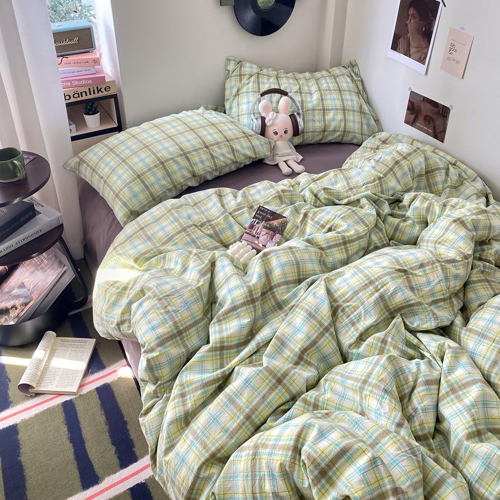 Image of EAVD Multicolor Buffalo Plaid Duvet Cover Queen Soft 100% Washed Cotton Reversible Grid Checkered Plaid Bedding Set Vintage Gingham Duvet Cover with 2 Pillowcases Modern Checkered Bedding Set