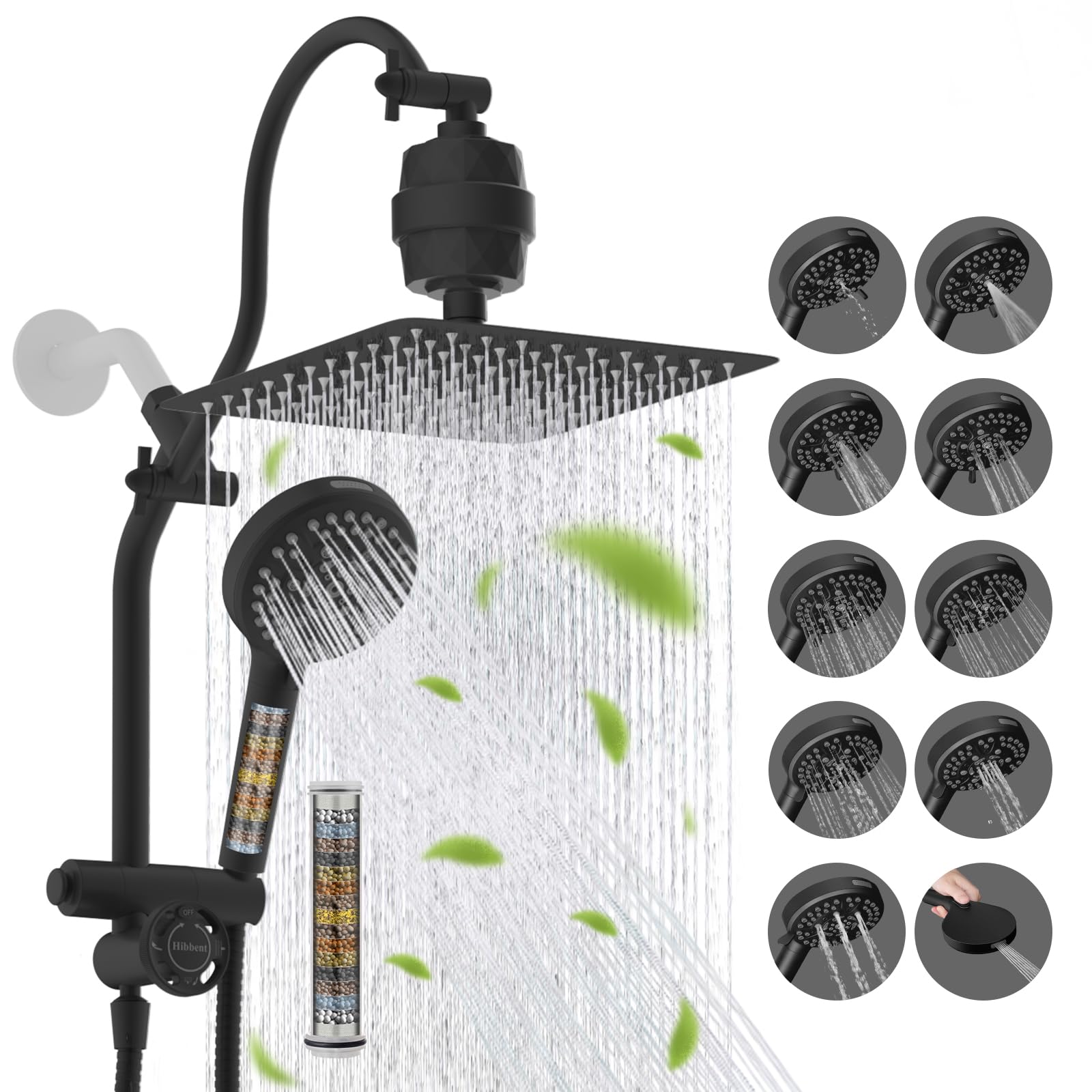 Hibbent Soffione doccia a doppio filtro in metallo da 25,4 cm, soffione doccia con filtro ad alta pressione con modalità 10 spruzzi, innovativo deviatore a 4 vie con modalità pausa, tubo doccia e