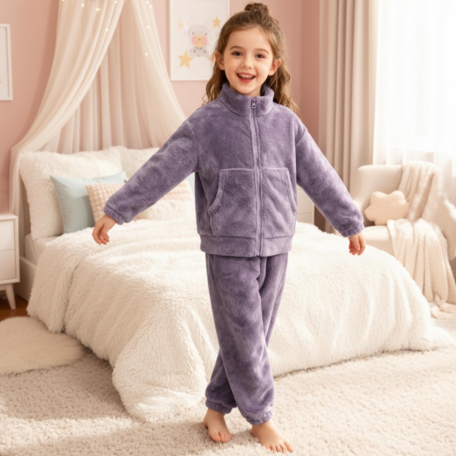 Valcatch Filles Garçons Flanelle Pyjama Ensembles 2 Pièces Enfants Automne Hiver Pantalon Flou Ensemble Doux Chaud en Peluche Pjs Vêtements D’intérieur Polaire Pyjama Tenues Zip Up Col Montant