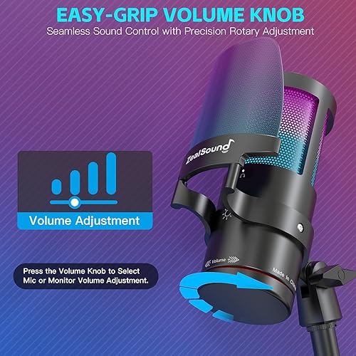 Miniatura 6 de ZealSound Micrófono USB para juegos, micrófono condensador con cancelación de ruido con luz RGB, silencio táctil, ganancia, monitoreo para