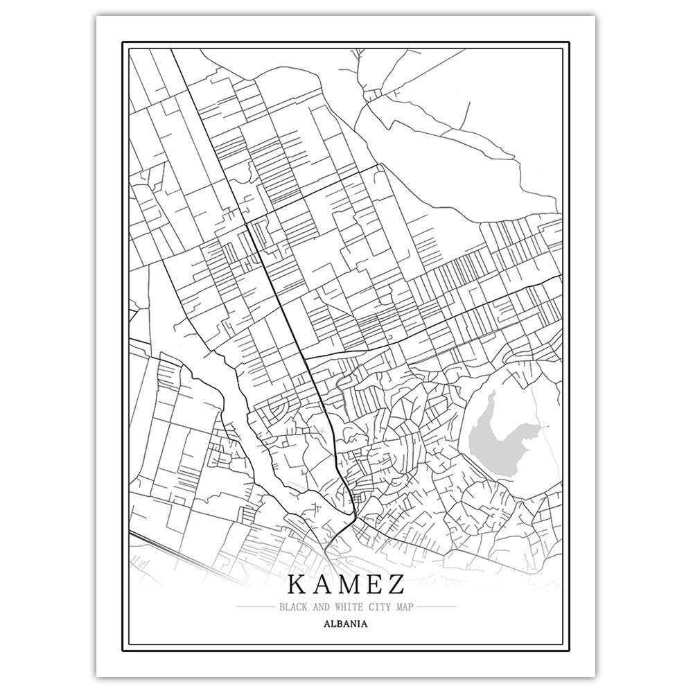 Peinture Kamez Albanie affiche carte de ville design noir et blanc décoration murale salon