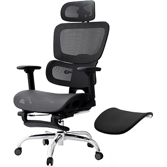 Ergonomic Office Chair Full Mesh 150 kg with Footrest, Desk Chair with Removable Cushion, Self-Adjusting Lumbar Support, Heig