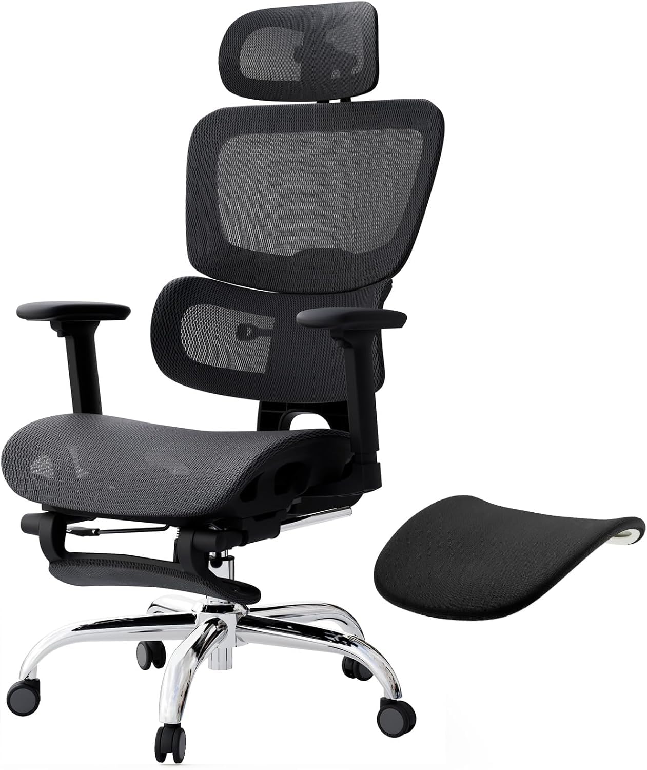 Ergonomischer Bürostuhl Voll-Mesh 150kg mit Fußstütze, Schreibtischstuhl mit Abnehmbarem Kissen, Selbstanpassende Lendenstütze, Höhenverstellbarer Rückenlehne, Kopfstütze, PU-Rolle 360°, Schwarz