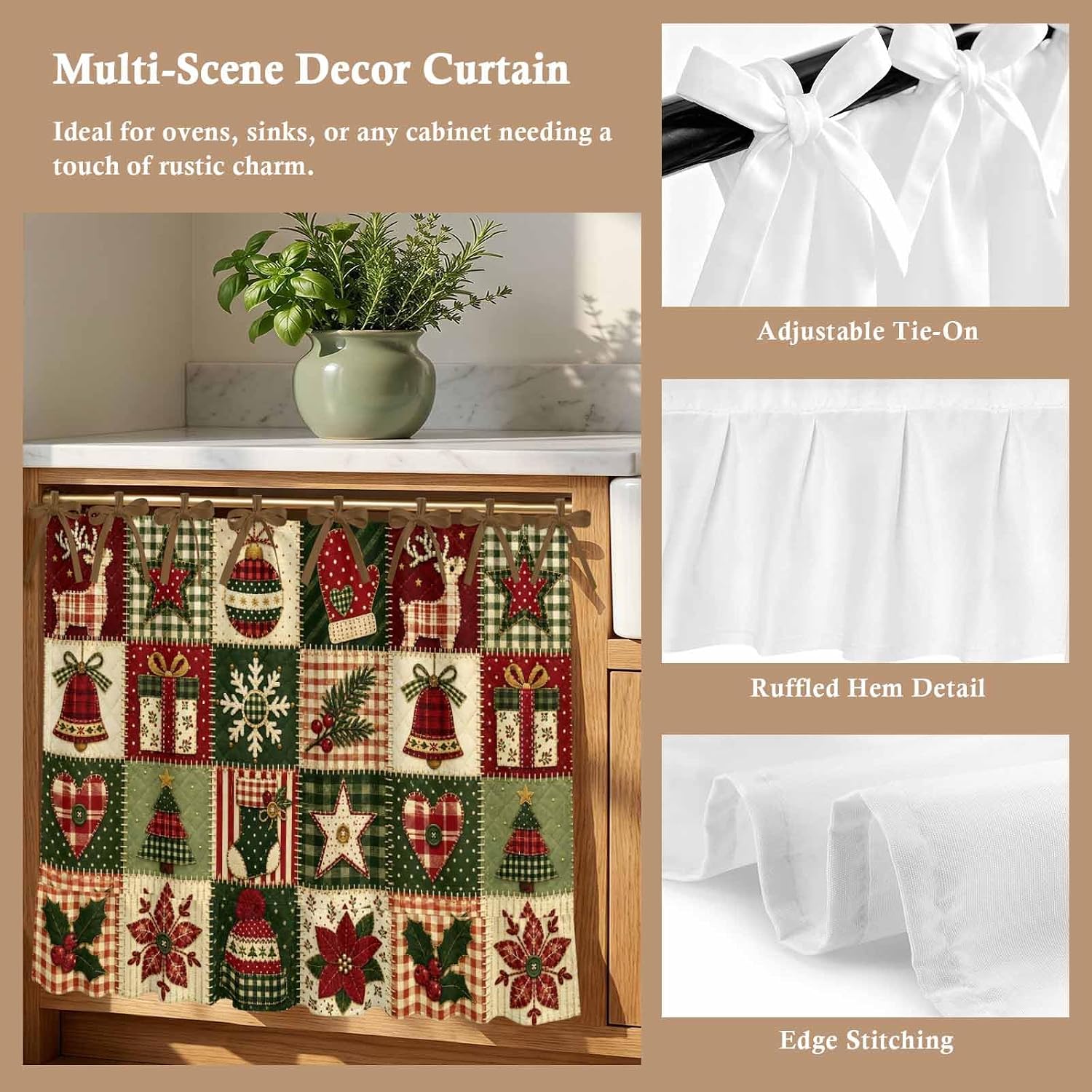 Christmas Oven Curtain with Tie Top, Red Green Plaid Poinsettia Bell Tree Gift Oven Skirt Curtains with Tie Top Cabinet Cover Curtain for Small Kitchen Apartment Decor 27 x 20 Inches image 2