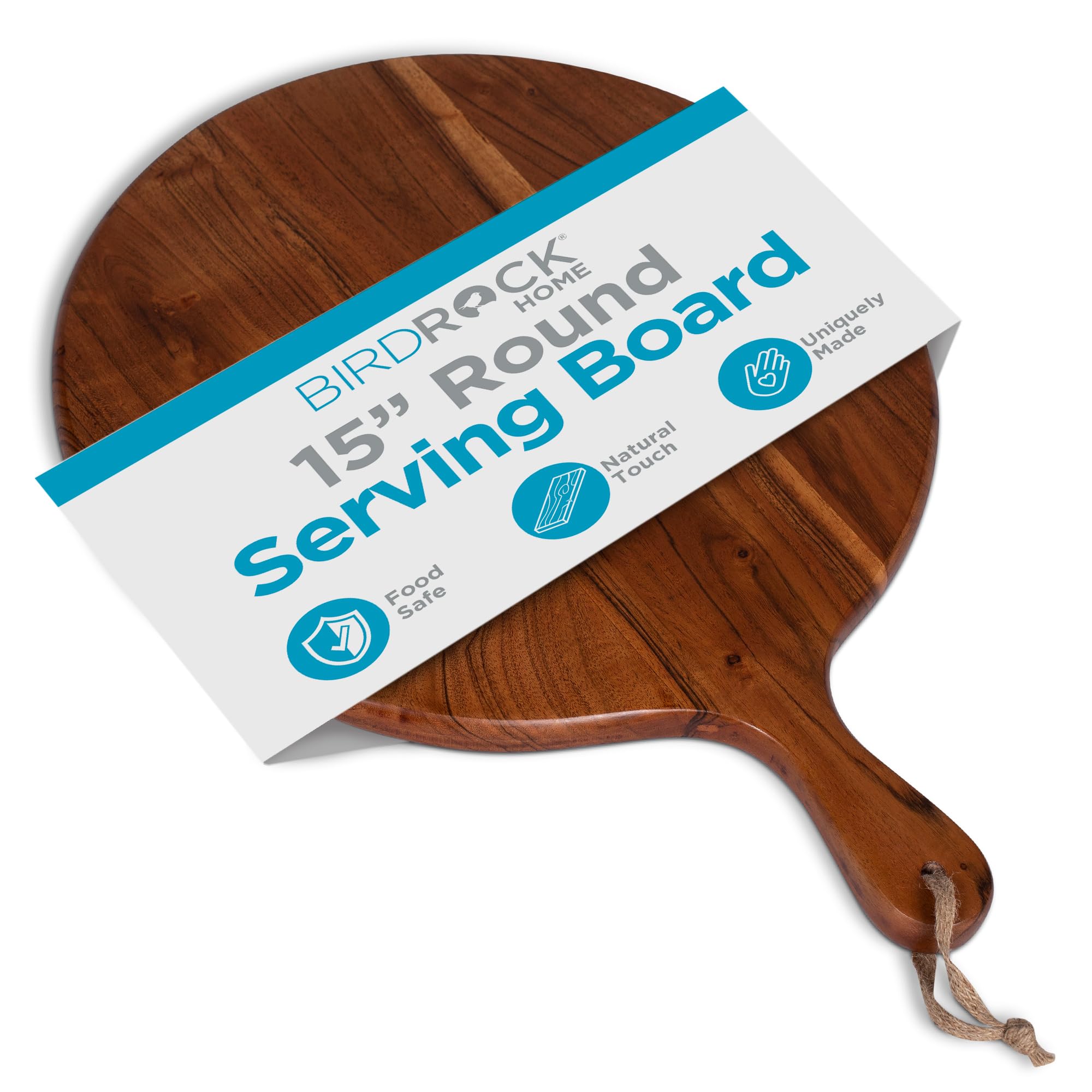 BIRDROCK HOME Acacia Wooden Cheese Serving Board with Handle - Charcuterie, Appetizers, Kitchen Platter, Grazing Board, Pizza, Meat, Bread, Cutting, Party, Food Display Tray - Espresso, 15", Round