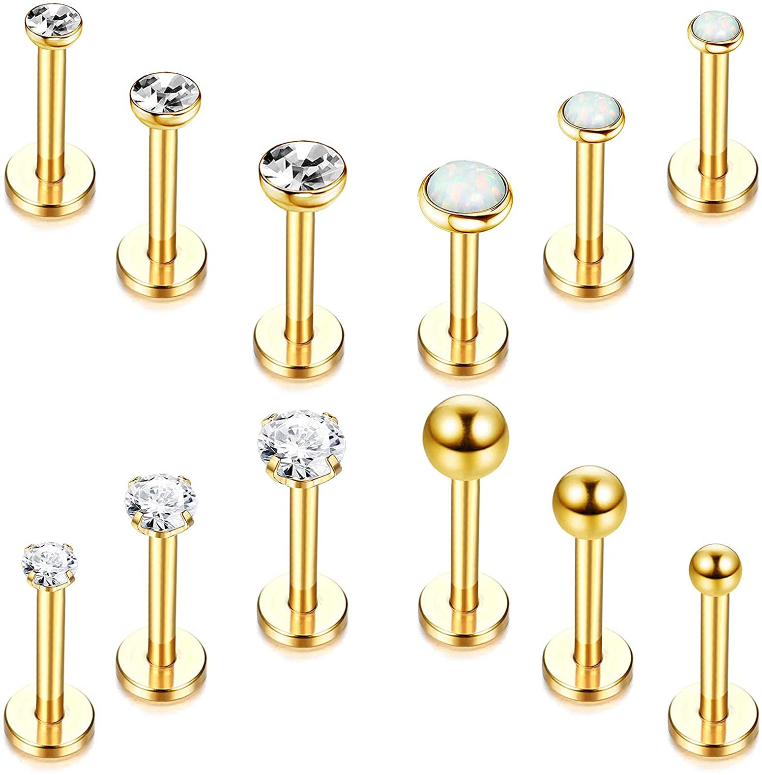 CASSIECA12 Piezas 16G Acero Inoxidable Piercing Labio Studs Hombre Señoras Diamante CZ Ópalo Cartílago Helix Piercing Oído Piercing Labio Piercing Set Tragus Piercing, 6mm 8mm