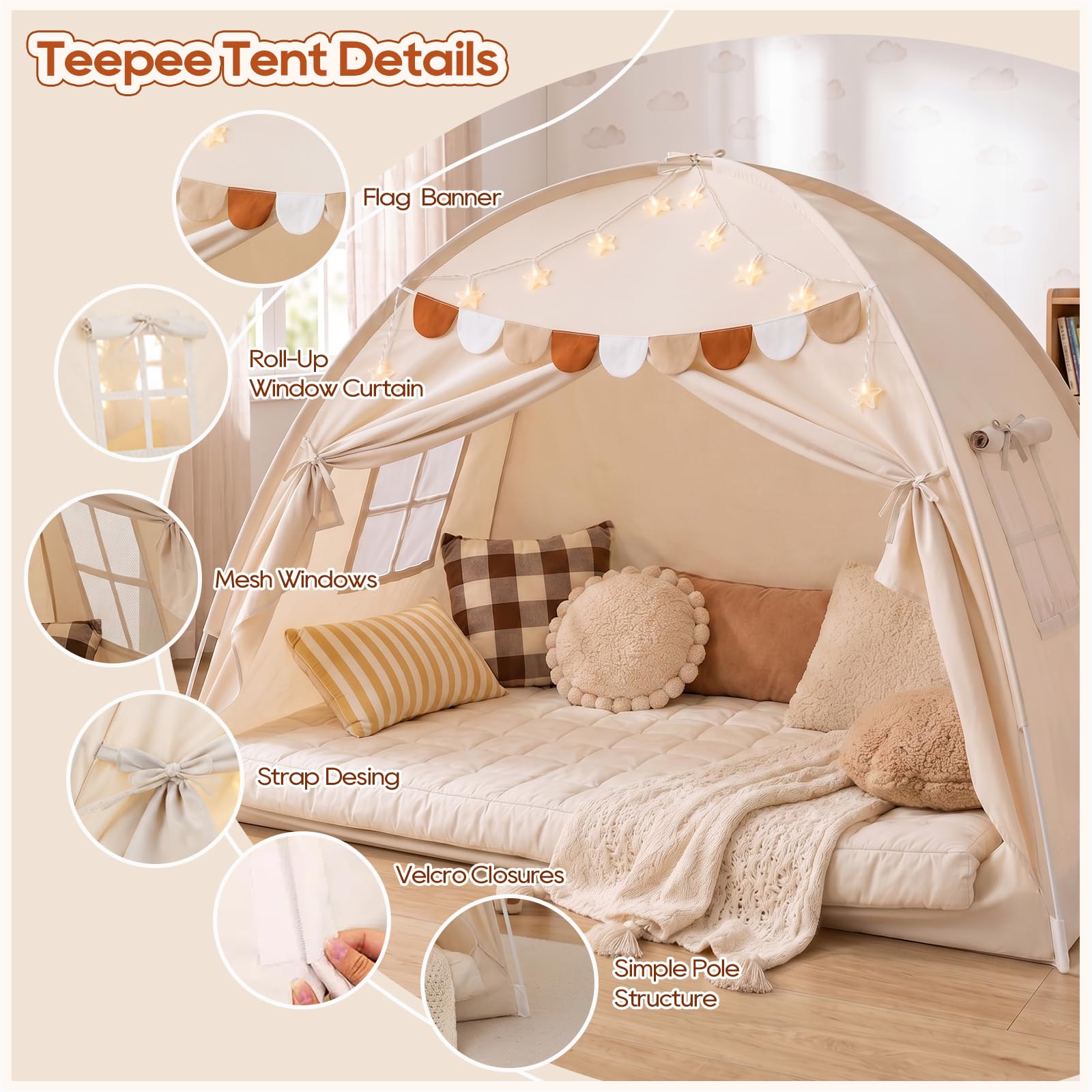 Tenda da Letto per Interni, Casetta da Gioco Pieghevole da Pavimento con Bandierine Decorative e Finestre Traspiranti, Baldacchino per la Privacy in Camera da Letto (Crema, 196 x 98 x 125 cm)