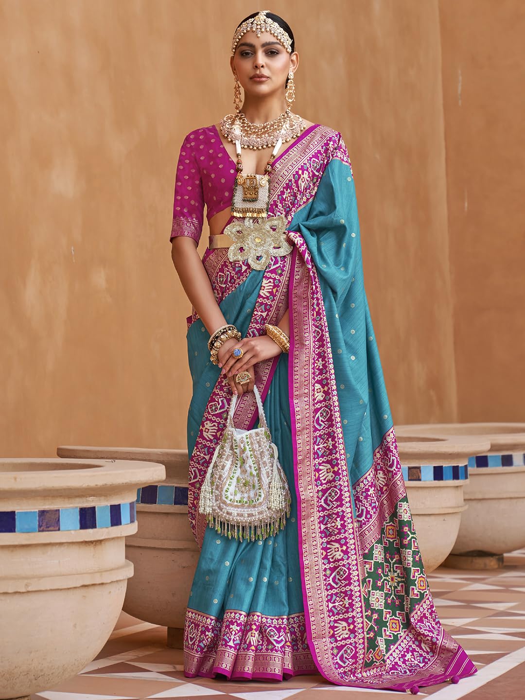 SAREE MALL Woven Design Zari Work Pure Patola Silk Saree For Women With Unstitched Blouse Piece, Blue