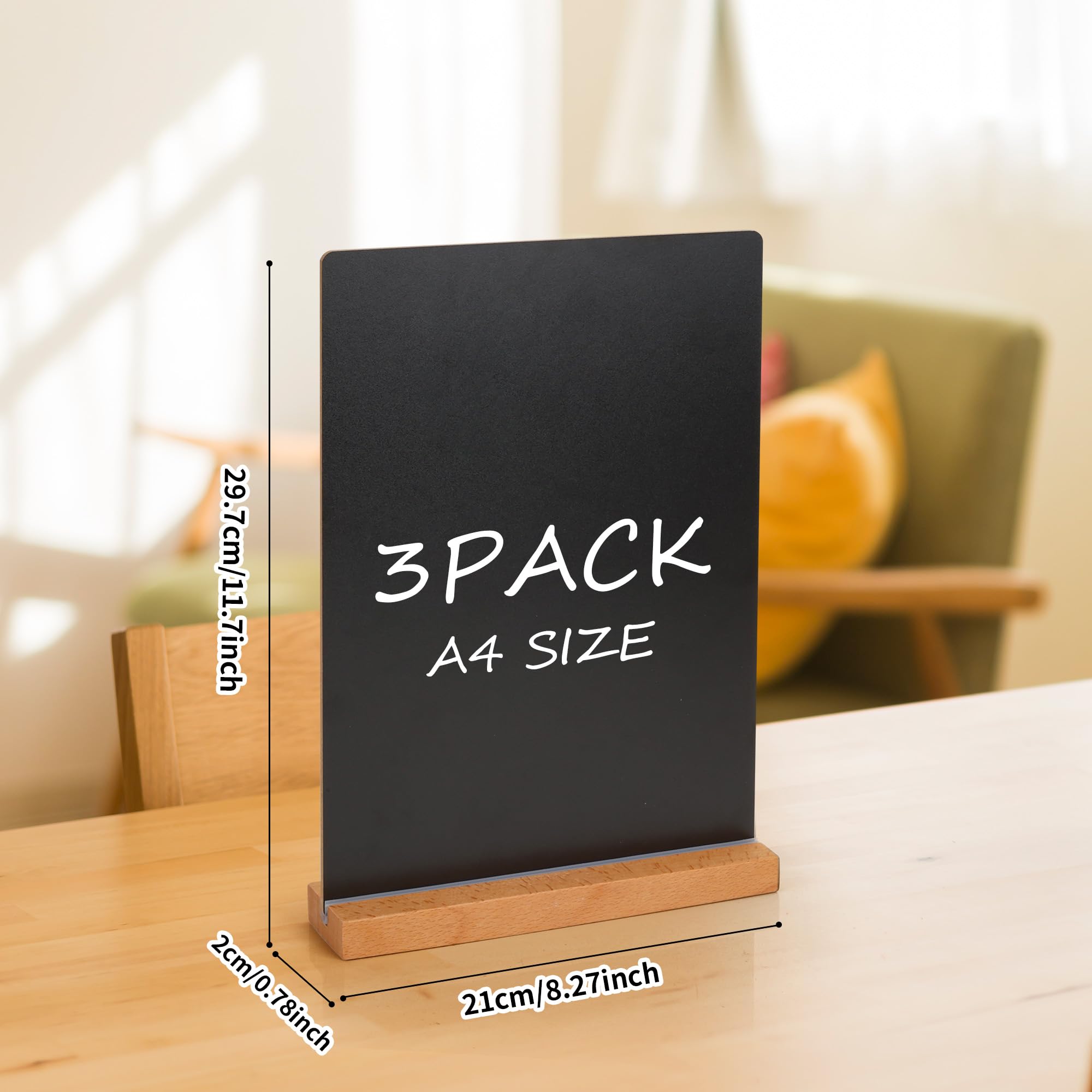 YKUKIZEE 3 PCS A4 Chalkboard Signs with Wooden Stands, Double Sided Tabletop Blackboards, Menu Chalk Board for Message Bar Pub Wedding Restaurant Party - Image 2