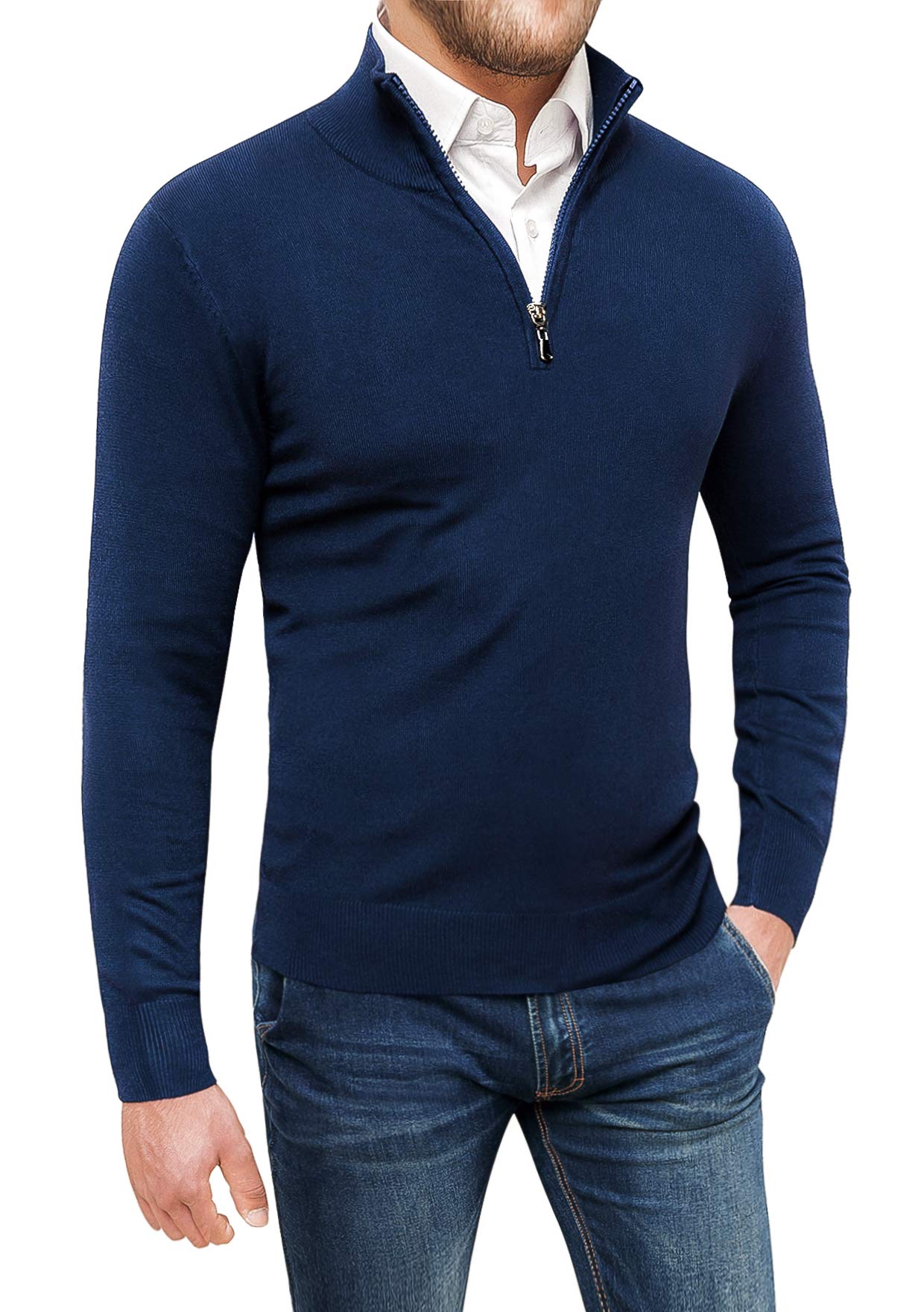Pull Cardigan Homme Evoga Bleu Foncé avec Col Demi-Fermeture Éclair - 3
