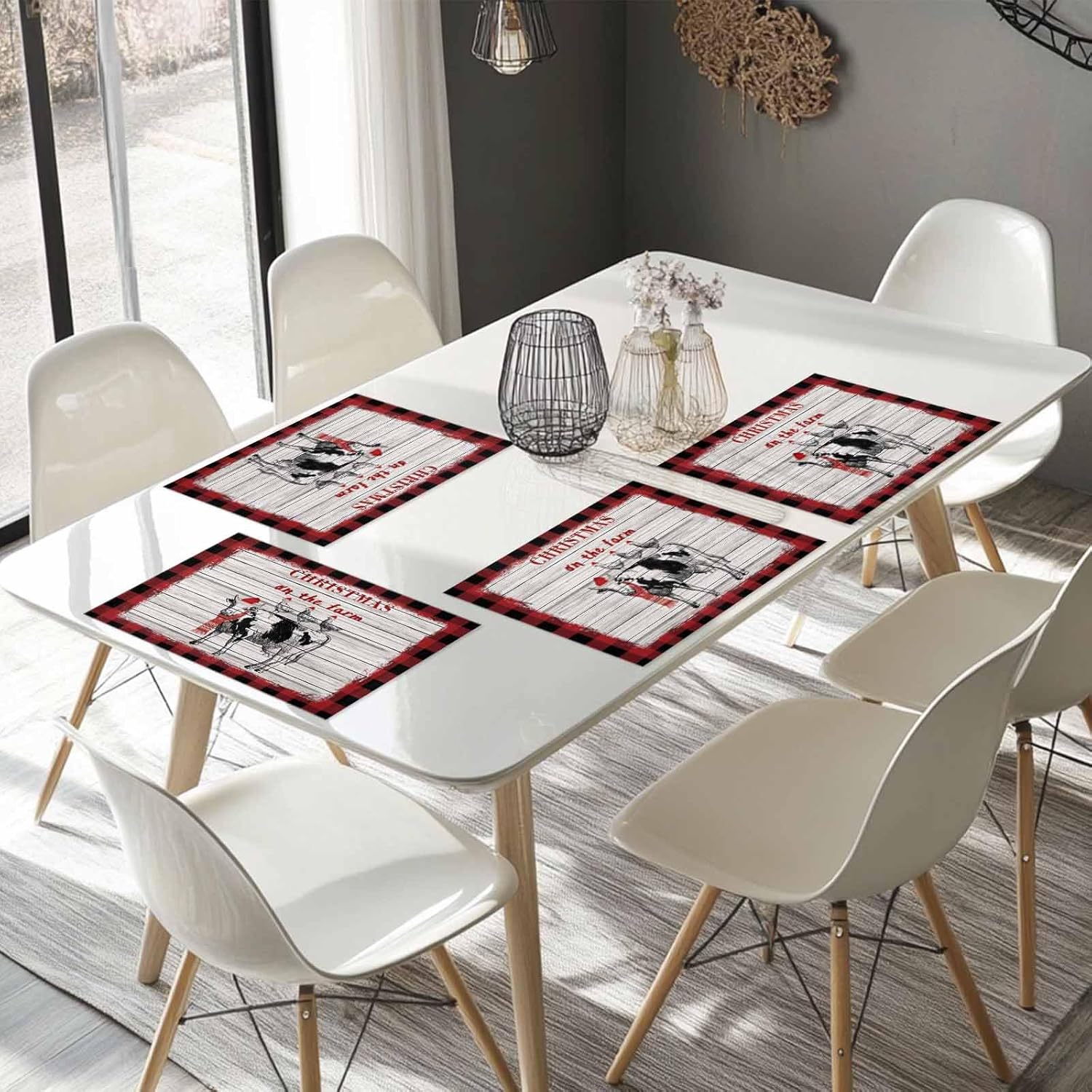 Cow. Christmas Made Placemats Set of 4, Washable Cotton Linen Table Mats for Kitchen Dining Table, Heat Insulation Place Mats for Indoor Outdoor Parties, Holiday Decorations