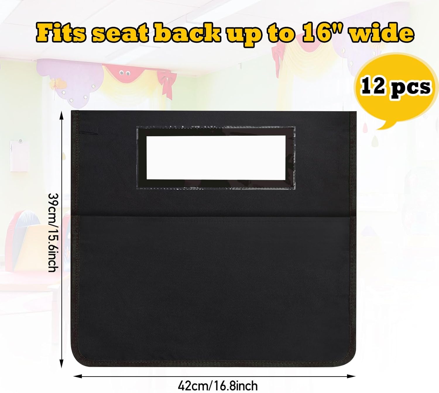 AZKAQA Chair Pockets for Classroom 15.6x16.8 Inch - 12 Pack Chairback Buddy Pocket Chart Seat Back Organizer Student Storage with Lable Slot for Classroom Kindergarten School Home (Black)