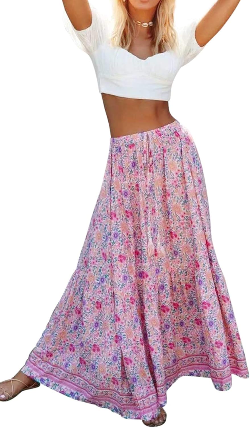 R.Vivimos Womens Summer Cotton Vintage Floral Print Boho Casual Ruffled Flowy Maxi Skirt