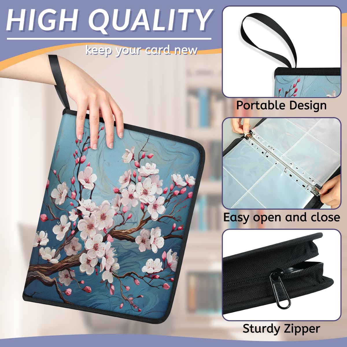 Raccoglitore per carte collezionabili con 4 tasche, fiori di ciliegio, con maniche rimovibili, impermeabile, con cerniera, 50 pagine, capacità 400 carte