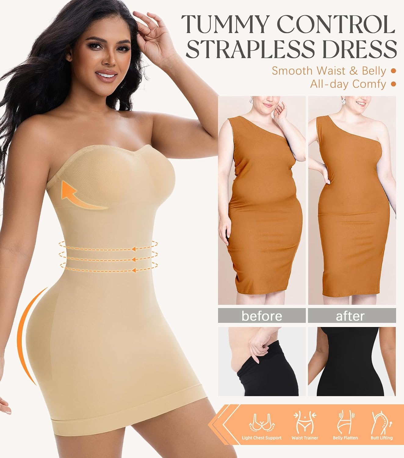 ONEW Strapless Shapewear Dress with Built in Bra,Tummy Control Slip Dress for Under Dresses,Seamless Body Shaper for Women