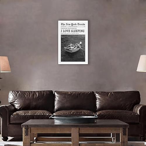 Miniatura 4 de Lienzo vintage en blanco y negro para pared, divertido póster de periódico con texto en inglés "I Love Sleeping Newspaper Journal", revista