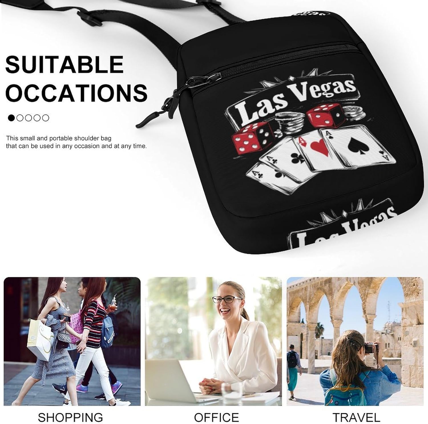 Las Vegas Nevada Dices Cards Small Crossbody Bag Sling Shoulder Satchel | for women men,work travel workout,detachable and adjustable shoulder strap
