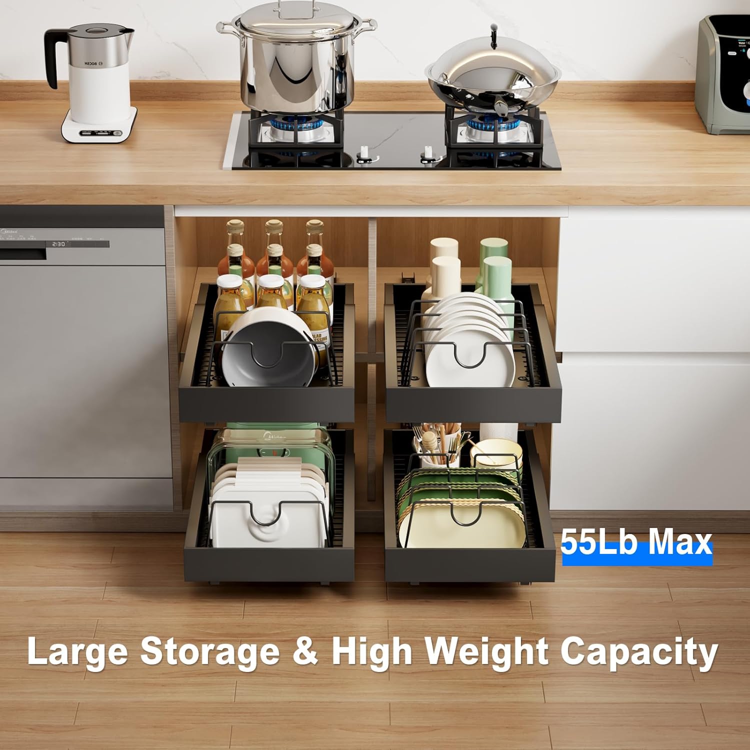 2 pack pull out cabinet organizer with 8 dividers,21.8" deep slide out drawers for cabinets adhesive pull out drawers heavy duty pull out shelves for kitchen, cupboard, pantry, bathroom-black black 21.8"d*12"w*2.95"h