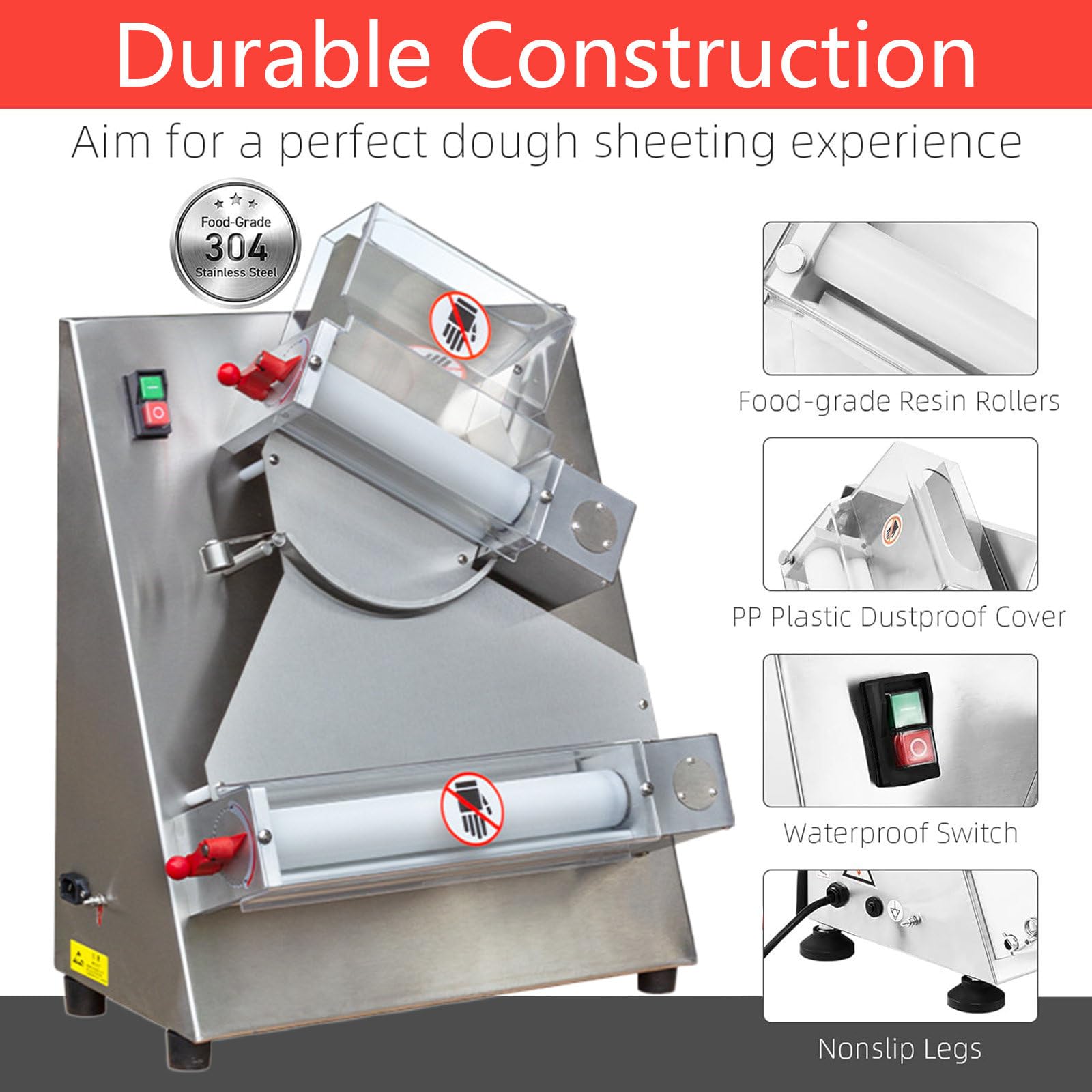 Sfogliatrice per Pasta per Pizza Commerciale, Max 300 mm, Sfogliatrice per Pasta per Pizza Elettrica Automatica da 370 W, in Acciaio Inox, Adatta per Macchine per Pasta, Pizza, Pane e Pasta