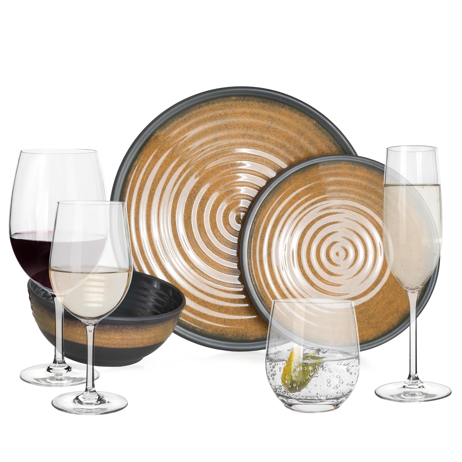 Set di stoviglie da campeggio in melamina Stone Curry + 16 bicchieri Timo bicchieri da vino bicchieri da champagne Flûtes stoviglie da picnic BBQ