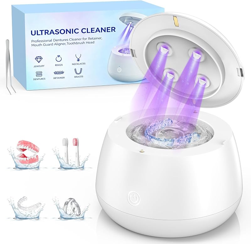 TQQ Dental Ultrasonic Retainer Cleaner Machine, 48kHz Denture Cleaning Pod | Ultrasonic Retainer Cleaner for Mouth Guards Night Guards Dental Trays Braces Toothbrushes Jewelry with 200ML Capacity, White