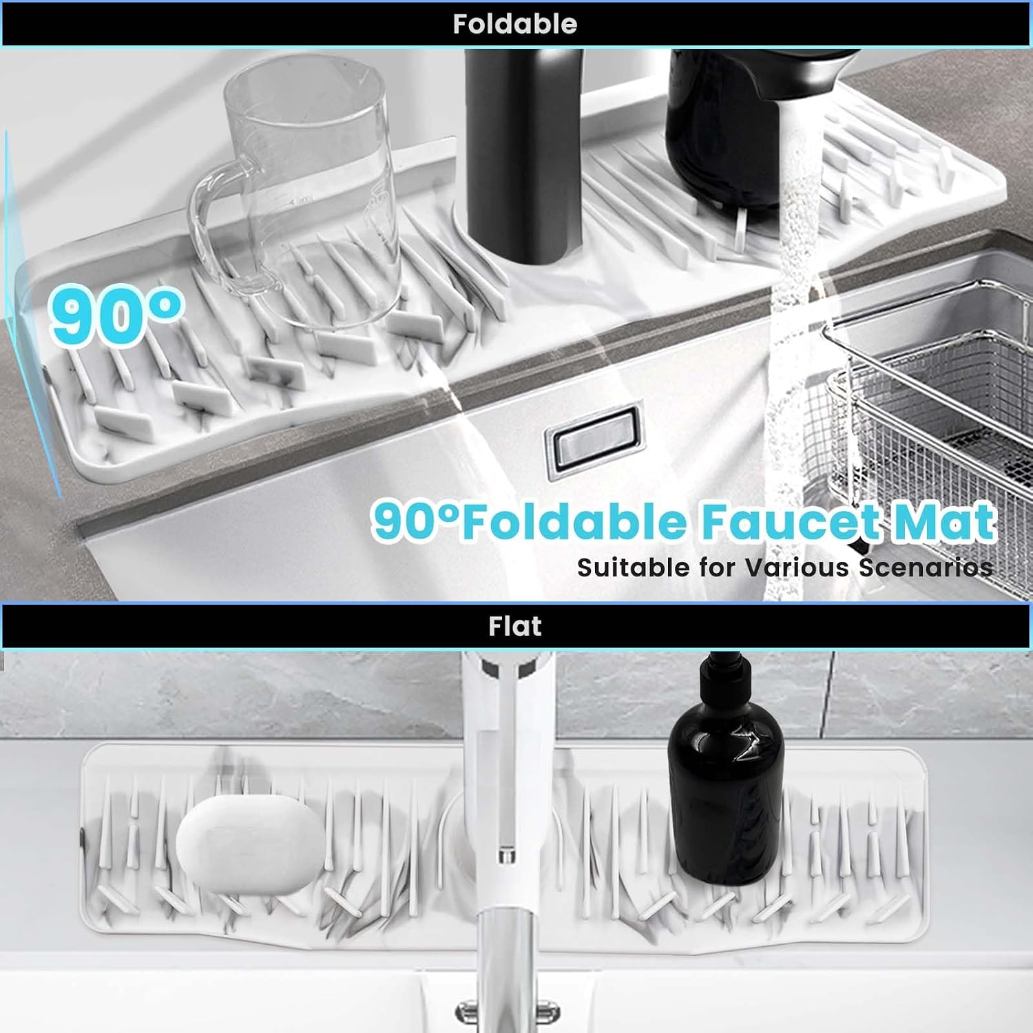 Daily Treasures 23.6x5.8in Longer Splash Sink Guard with Marbled Design, 10° Slope Silicone Faucet Mat for Kitchen,Foldable Bathroom Faucet Mat,Splash Guard for Bathroom Counter Sink Accessories White