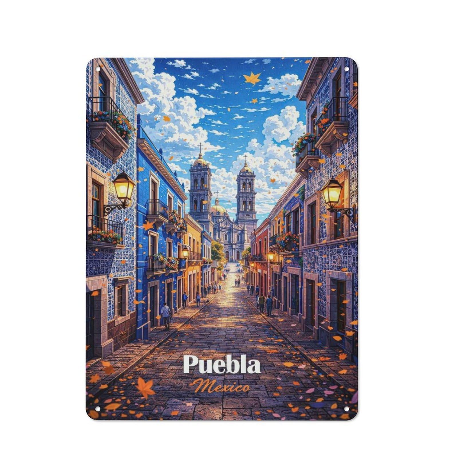 Junmoney Style-11 Classic Vintage Metal Sign 40X30cm Featuring Puebla Mexico Street Scene, Classic Pub Decor For Bar, Kitchen, Garage Or Games Room