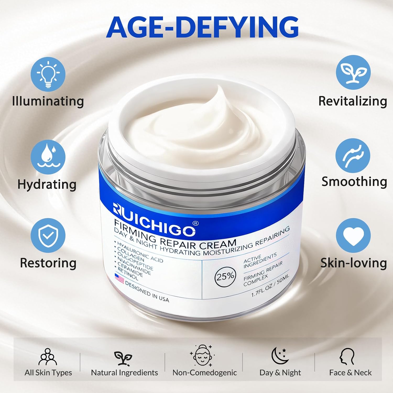 Face & Neck Firming Cream - Ceramide Moisturizer for Women - Anti Aging Formula for Tightening and Lifting with Retinol,Collagen,Hyaluronic Acid - Day & Night Cream for Sensitive & Mature Skin, 1.7 OZ - Image 2