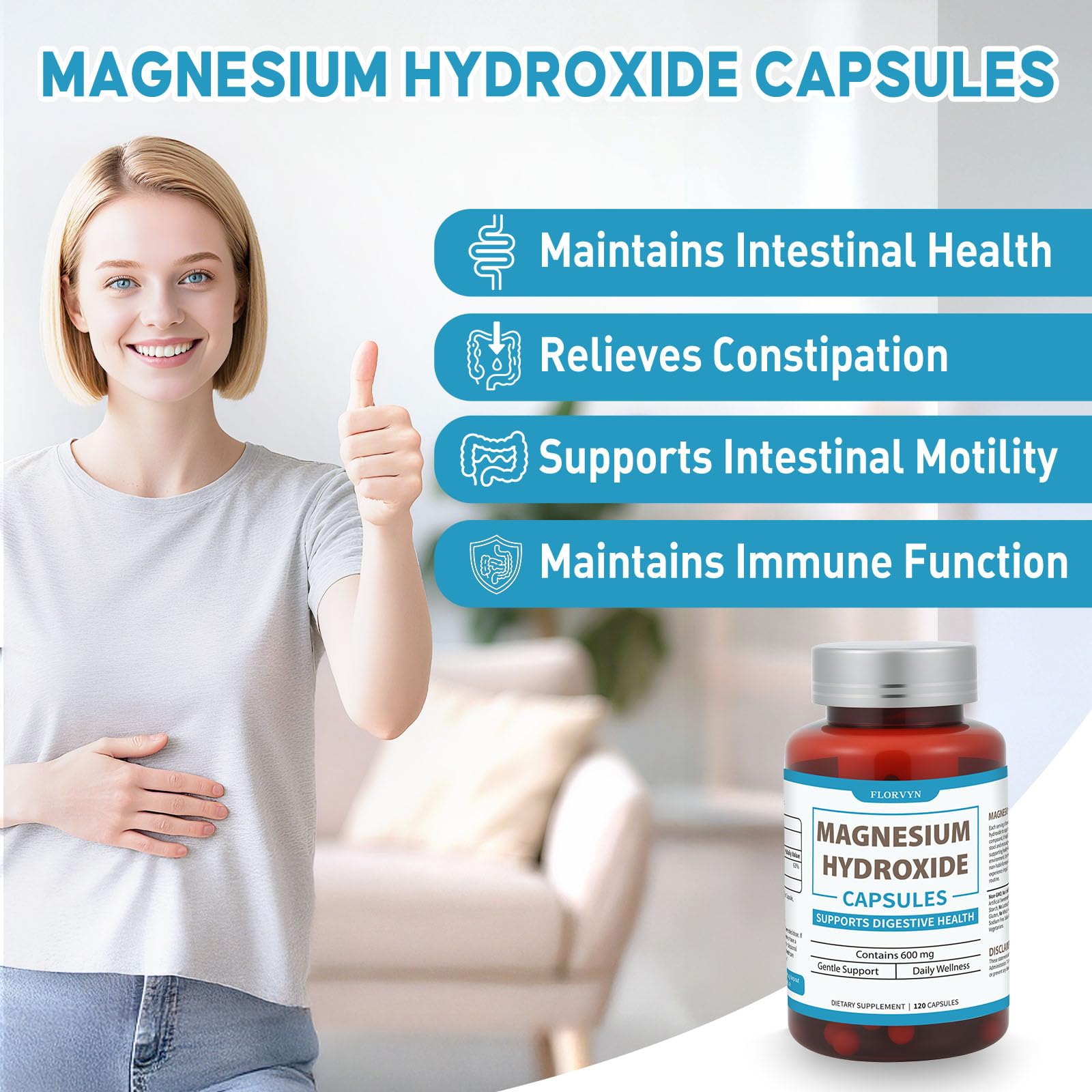 Magnesium Hydroxide Capsules, Gentle Osmotic Digestive Regularity Support, Helps Maintain Comfortable Bowel Routine, Daily GI Balance for Adults - 120 Capsules — Amazon image 2