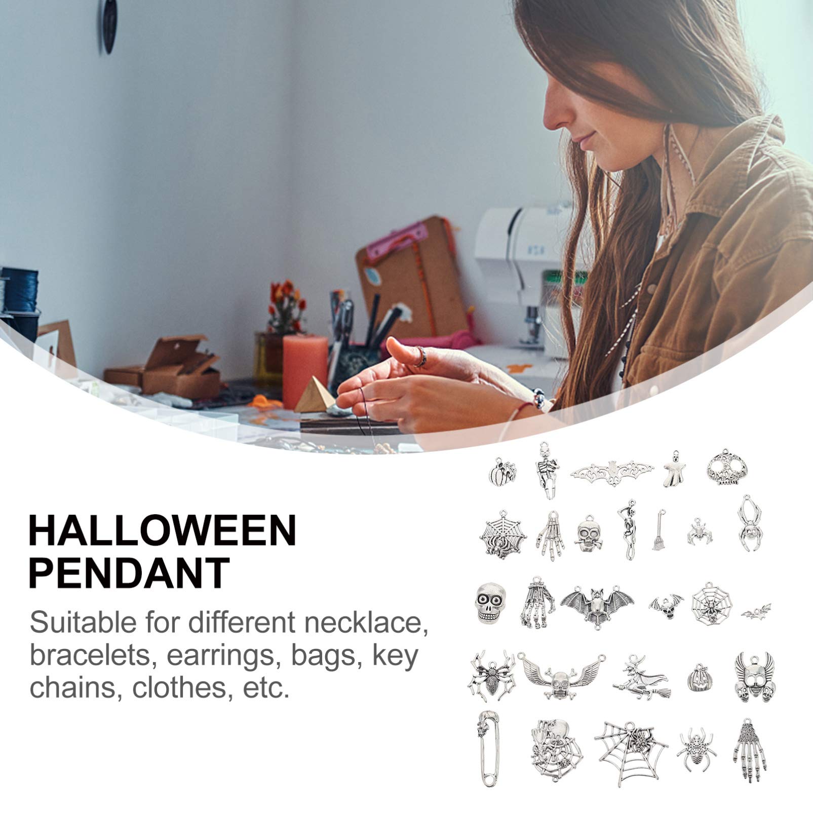 HEALLILY 26Pcs Halloween Pendants Halloween Jewelry Making Accessory Hallowmas Skull Skeleton Charms Mixed Silver Plated Halloween Charms Pendants for DIY 3