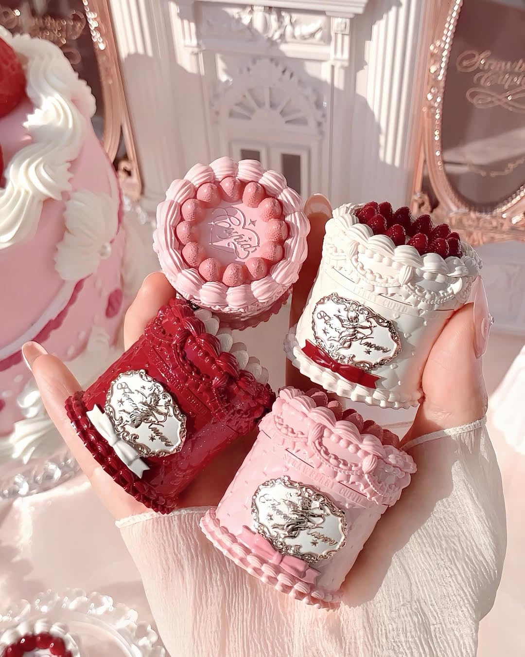 Flower Knows Cake Charm Set,Strawberry Cupid 12-Piece Makeup Gift Box Set,Lip Cream+Liquid Blush+Makeup Palette+Hand Mirror+Solid Perfume+Hair Clip+Cushion Powder Puff+Eyeshadow Brush+Gift Box