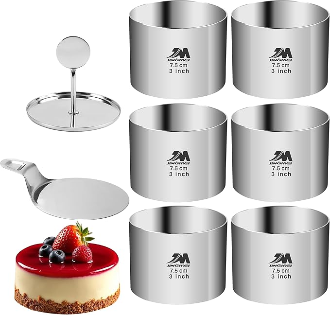 6 Pack Round Cake Ring Molds, Seamless Stainless Steel Cake Cutter with Pusher & Lifter, 3-Inch Dessert Mousse Rings for Baking (Includes 1 Pusher, 1 Lifter and 6 Rings) 6 Pack Round Cake Ring Molds, Seamless Stainless Steel Cake Cutter with Pusher & Lifter, 3-Inch Dessert Mousse Rings for Baking (Includes 1 Pusher, 1 Lifter and 6 Rings)