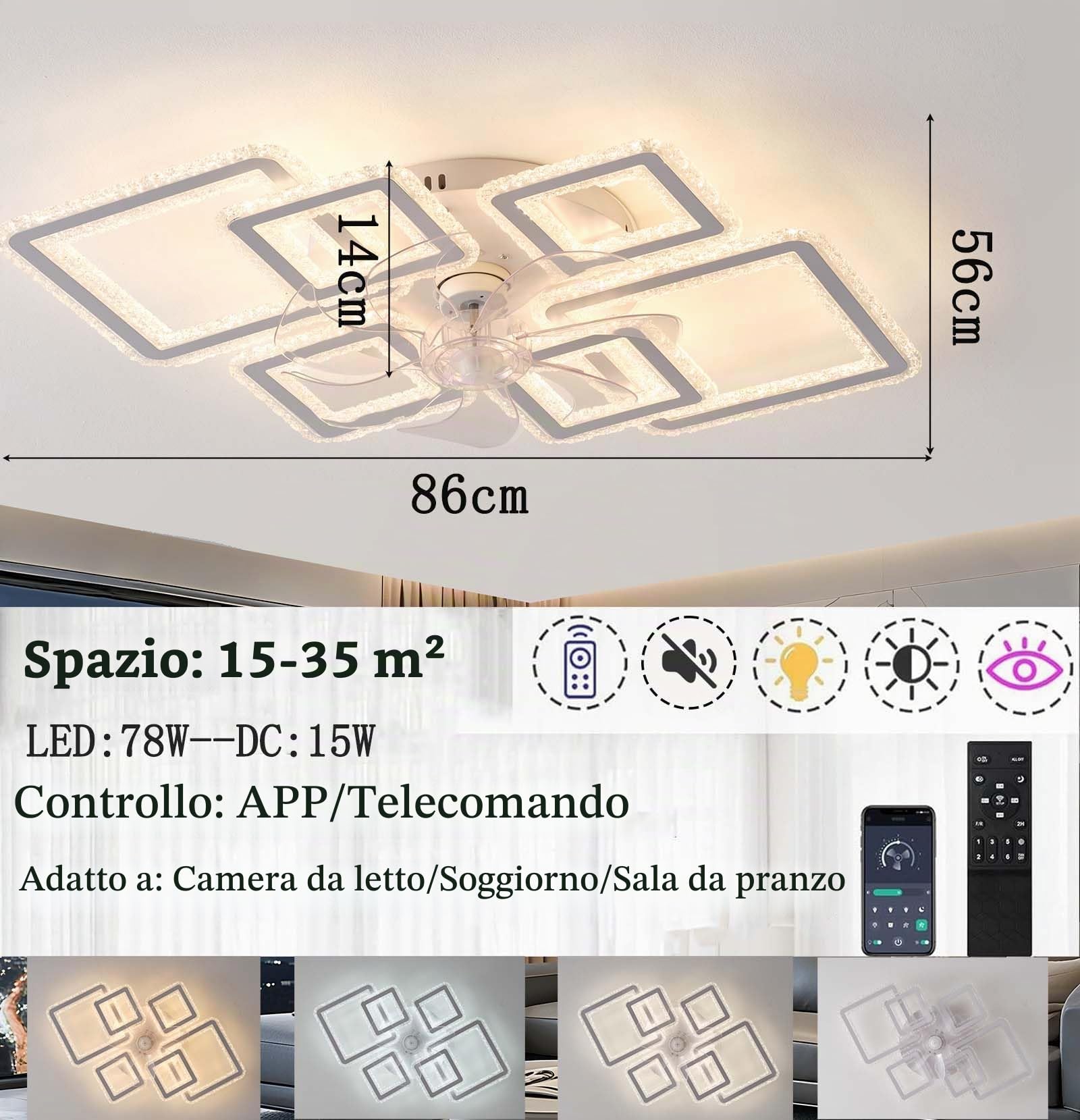 LED Ventilatore da Soffitto con Luce 6 Velocità Reversibile Silenziosa Temperatura a 3 Colori Luce Dimmerabile Plafoniera con Ventilatore DotatoTelecomando e ControlloTramite APP ，Bianco