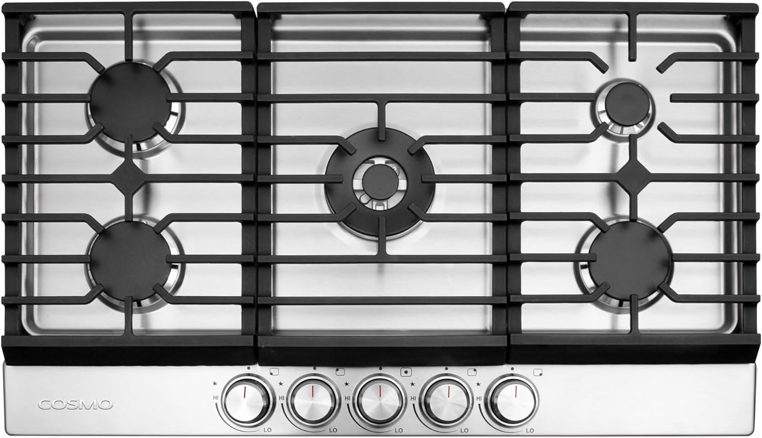 COSMO COS-CTGH365SS 36 in. Haven Collection Drop-in Gas Cooktop with 5 Sealed Burners, Cast Iron Grates in Stainless Steel