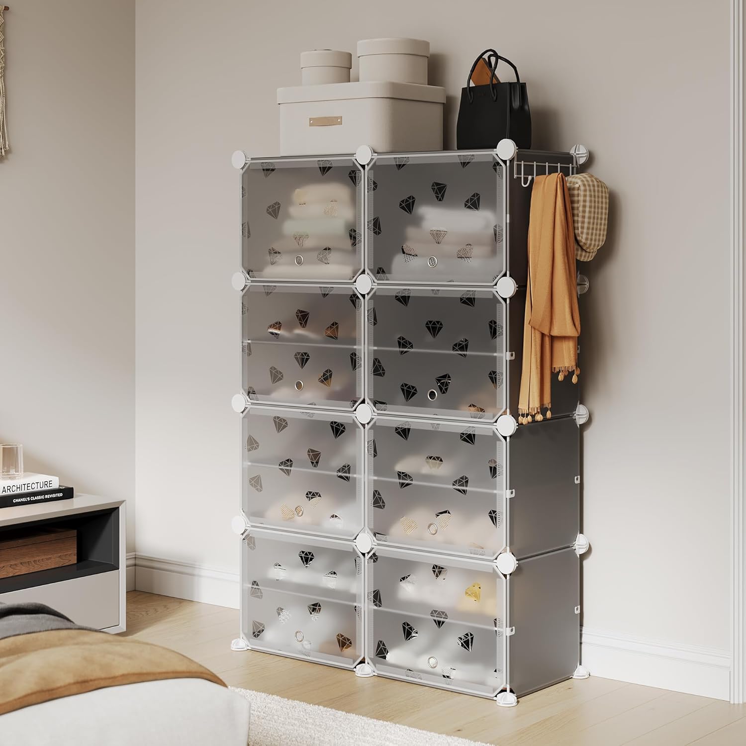 TrailBlaze Expandable 8-Tier Shoe Rack Organizer – Holds 32 Pairs – Plastic Shoe Cabinet with PVC Shelves and Door – Space-Saving Storage for Entryway, Closet, Bedroom – Gray