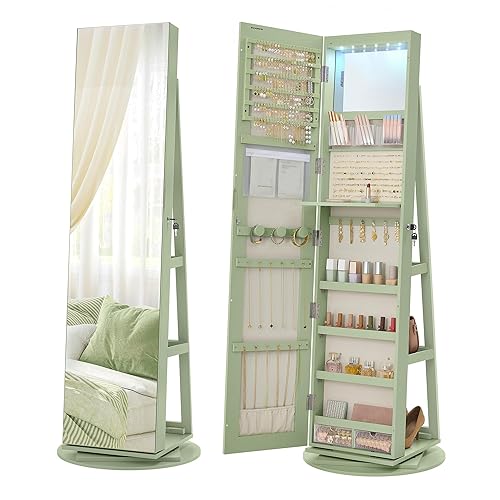 SONGMICS 6 LEDs Lockable Mirror Jewelry Cabinet, 360° Swivel Jewelry Organizer Armoire Standing, Frameless Full-Length Mirror, 3 Storage Shelves, Laurel Green Surface, Cream White Lining UJJC007C01 - Laurel Green + Cream White