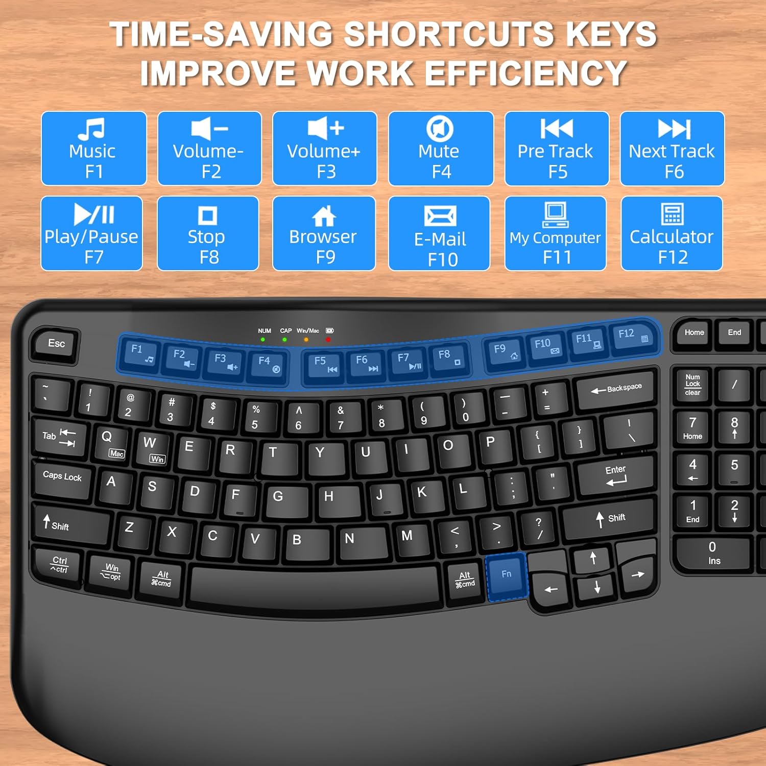 EDJO Ergonomic Wireless Keyboard multimedia shortcut keys