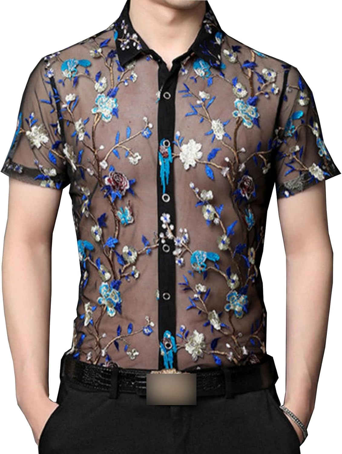 Mens See Through Lace Summer Short Sleeve Mesh Shirts