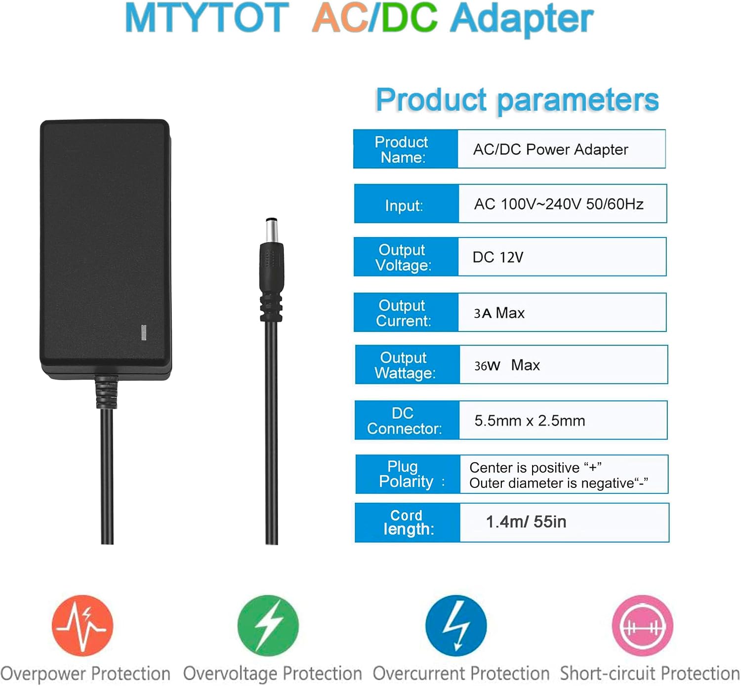 12v dc power supply 3A 36W ac/dc adapter 100-240v 50/60hz to 12Volts 3 Amp 2A power adapter Transformer, dc 12v power cord, 5.5x2.5mm/2.1mm DC Plug, Center Positive