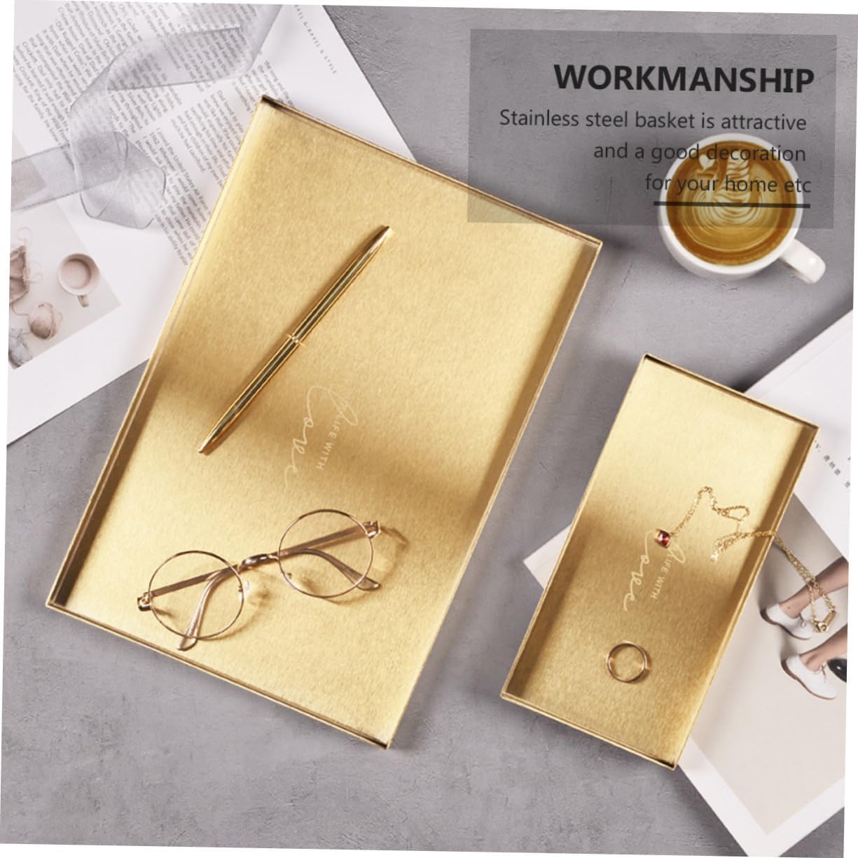 Golden Geometric Storage Tray Stainless Steel Decorative Tray for Cosmetics Jewelry and Desktop Organization Stylish Makeup Storage Container for Home and Office