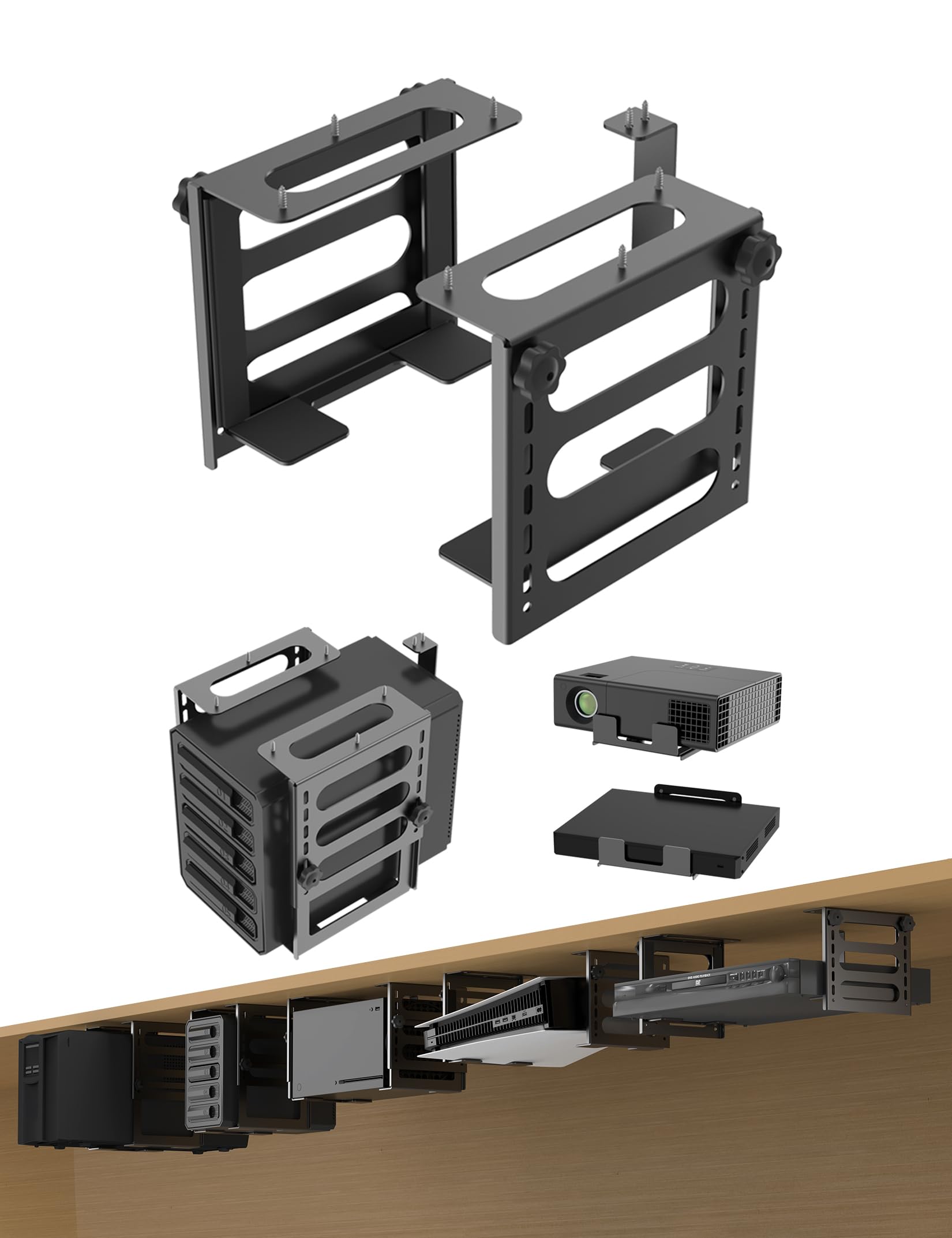 Adjustable Under Desk Mount Holder, (Black) | Fit for Holding NAS System, Battery Backup, Desktop Tower, Video Game Console, Mini Pc, Cable Box, Projector, Wall Mounted-image-43