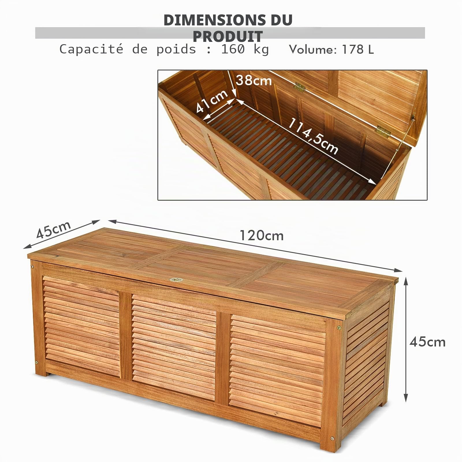 GIANTEX Coffre de Jardin Exterieur 178L, Coffre Rangement en Bois d’Acacia avec Poignée Ronde, Couvercle Rabattable, 114,5 x 41 x 38 cm, Rangement Balcon pour Terrase, Jardin