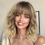 AISI HAIR Curly Bob Wig with Bangs Ombre Blonde Color Short Wavy Wigs for Women Bob Style Synthetic Heat Resistant Bob Wigs