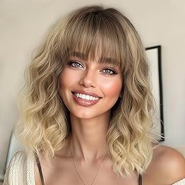 AISI HAIR Curly Bob Wig with Bangs Ombre Blonde Color Short Wavy Wigs for Women Bob Style Synthetic Heat Resistant Bob Wigs