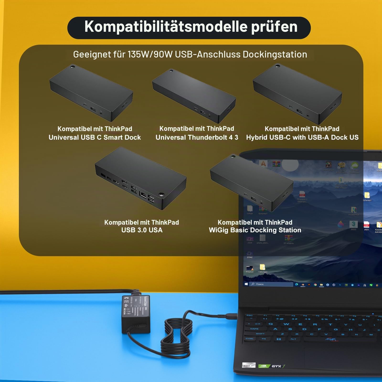 135W Ladegerät kompatibel mit Lenovo Thinkpad Universal Thunderbolt 4 3 Dock Essential Gen 1 2 Ultra Pro Dockingstation passend für ThinkPad P1 X1 Extreme T440P Ideapad Yoga Y50 Y700 Legion Y530 T