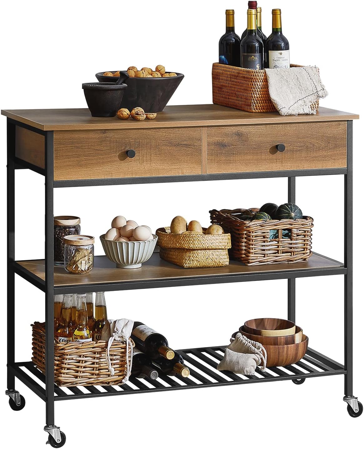 SoBuy Kitchen Trolley Kitchen Island Rolling Table with Storage Cart Side Industrial Vintage Style Mobile Serving Cart with Drawers&Wheels,Shelving Unit for Living Room,Entrance,FKW112-PF