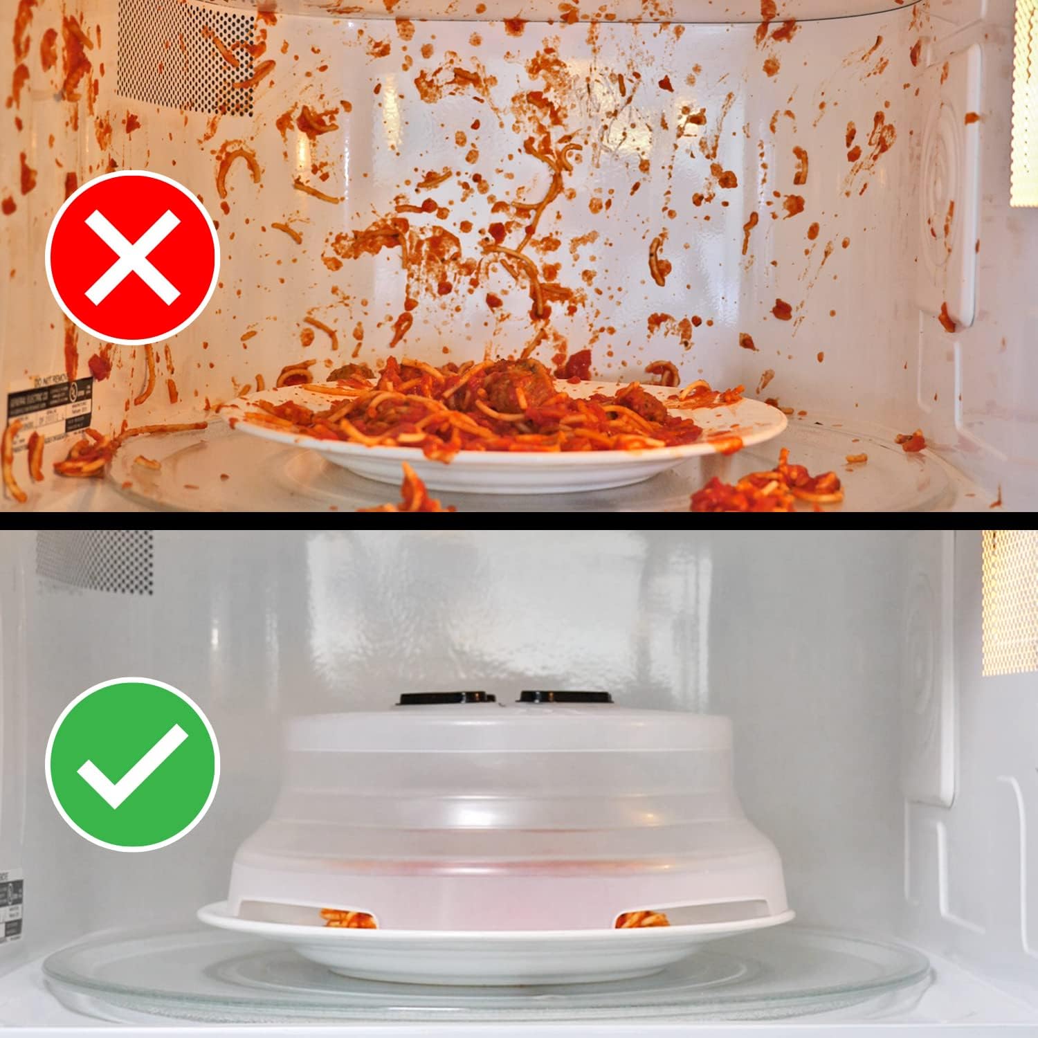 HOVER COVER Magnetic Splatter Cover, 10-Inch Clear BPA-Free Food Lid, Vented Plate Guard with Steam Vents, Anti-Splash Microwave Lid, Dishwasher Safe, Space-Saving Magnetic Storage - Black