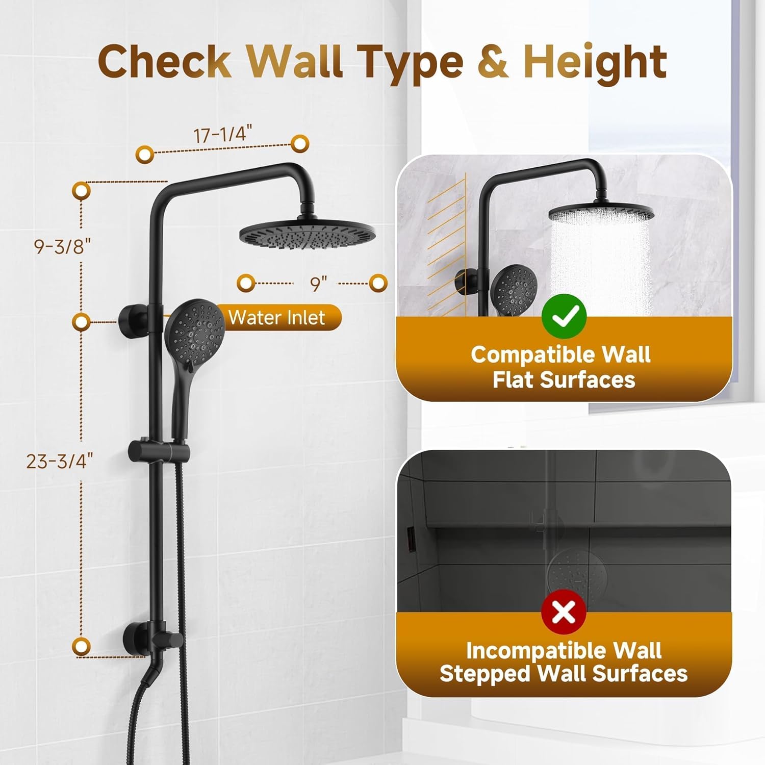 BRIGHT SHOWERS Rain Shower System Combo - 9 Inch Rainfall & Handheld Shower Heads with Power Wash, Solid Brass Rail, Height Adjustable Holder, 60 Inch Long Stainless Steel Hose, Matte Black